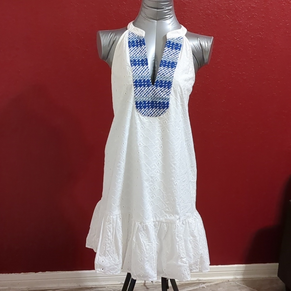 CABANA LIFE New White Embroided Eyelet Halter/Tiered Tunic Dress Size  S